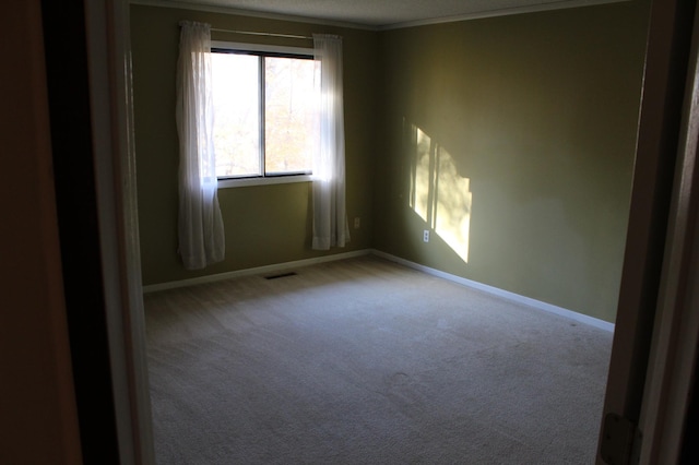 spare room with ornamental molding and carpet