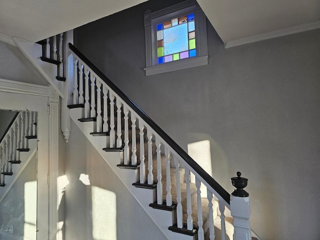 stairs featuring crown molding