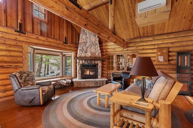 living room featuring a wall mounted AC, wood-type flooring, wooden ceiling, high vaulted ceiling, and beam ceiling
