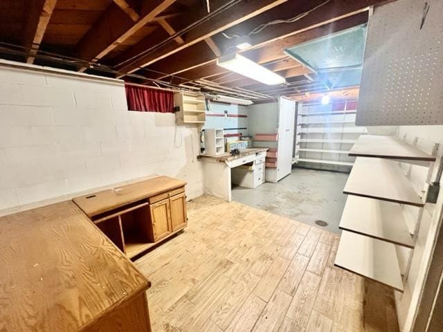 basement with light hardwood / wood-style floors