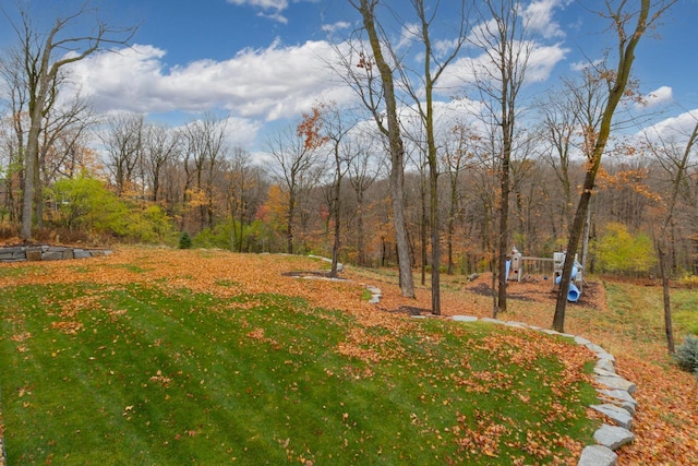 view of yard with playground community and a forest view