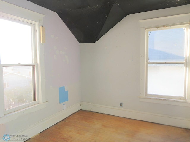 additional living space with light hardwood / wood-style floors and lofted ceiling