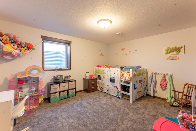 carpeted bedroom with a textured ceiling