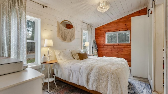 bedroom with lofted ceiling, wooden walls, and wood ceiling