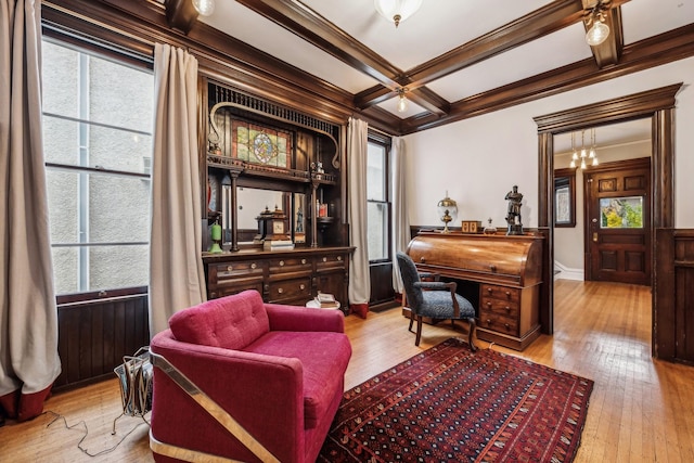 2742 Dupont Ave S, Minneapolis, MN 55408 - office area featuring ornamental molding, wood-type flooring, beamed ceiling, and coffered ceiling