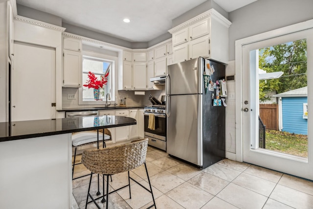 2742 Dupont Ave S, Minneapolis, MN 55408 - kitchen with stainless steel appliances, under cabinet range hood, healthy amount of natural light, dark countertops, and recessed lighting