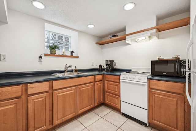 2742 Dupont Ave S, Minneapolis, MN 55408 - kitchen featuring white appliances, ventilation hood, dark countertops, open shelves, and recessed lighting