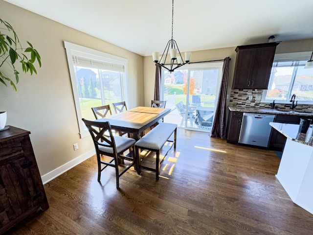 dining space featuring sink, a notable chandelier, dark hardwood / wood-style flooring, and plenty of natural light