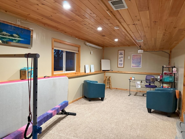 interior space with wood ceiling and carpet flooring