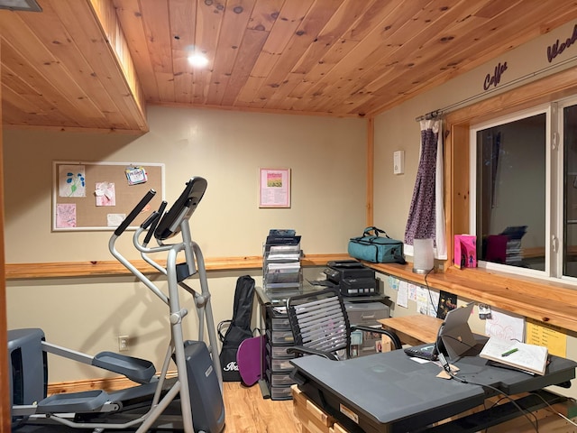 workout room featuring wood-type flooring and wooden ceiling