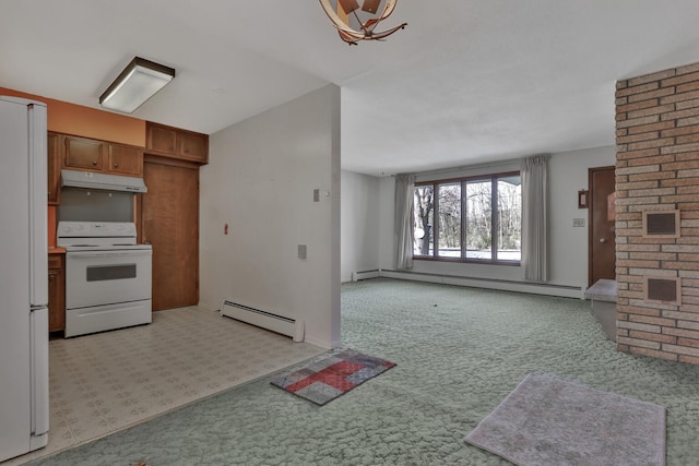 kitchen with light carpet, a baseboard radiator, and white appliances