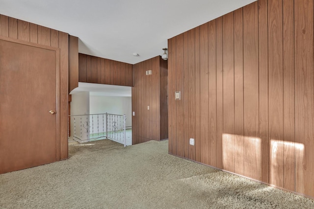 interior space with wood walls and carpet flooring