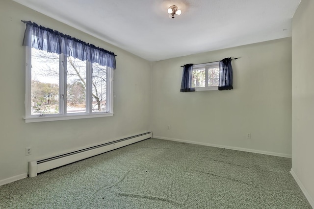 empty room featuring a baseboard heating unit and carpet flooring