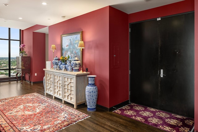 foyer entrance with dark wood-type flooring and expansive windows