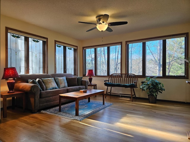 living room with hardwood / wood-style flooring, ceiling fan, and a textured ceiling