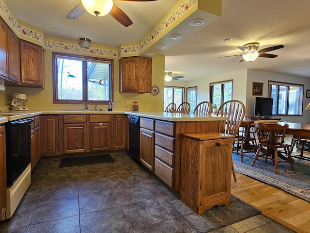 kitchen with kitchen peninsula, electric range, black dishwasher, and plenty of natural light