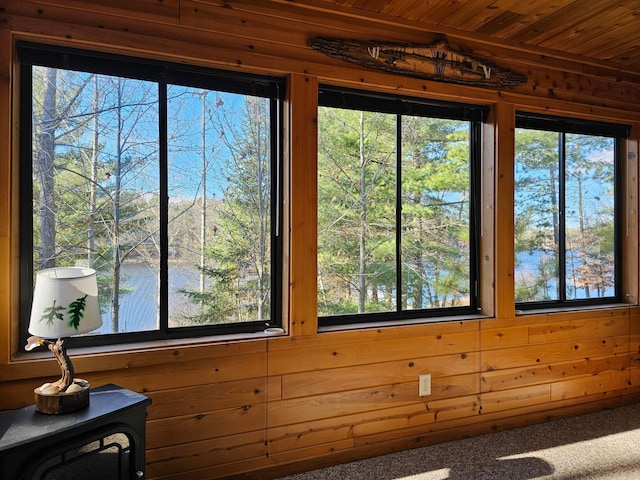 details featuring carpet flooring, wooden ceiling, wooden walls, and a water view