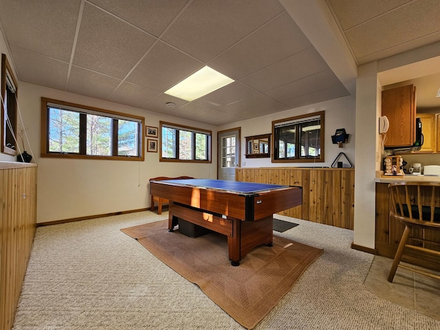 recreation room with a drop ceiling, carpet floors, and billiards