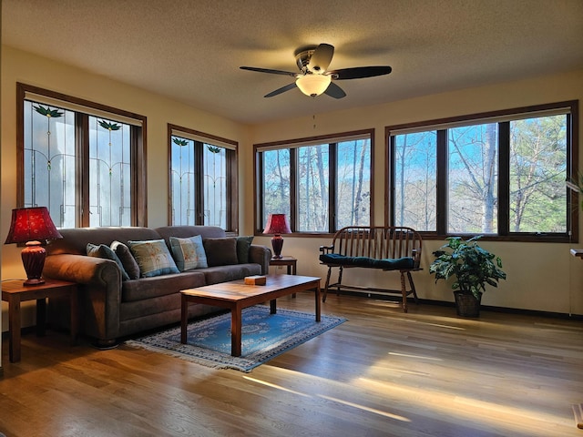 living area featuring healthy amount of natural light, a ceiling fan, wood finished floors, and a textured ceiling