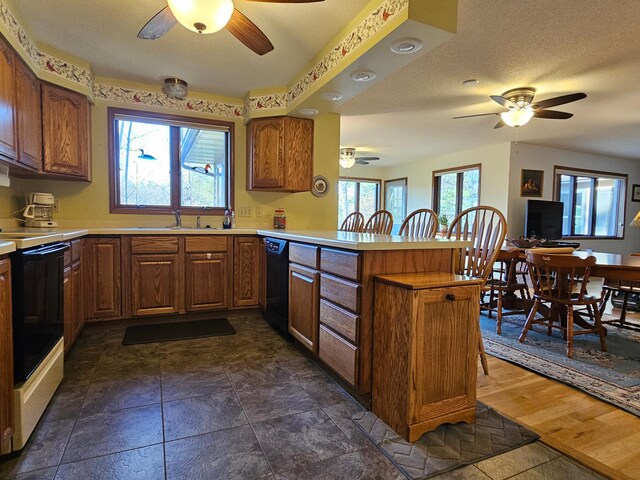 kitchen featuring range with electric stovetop, a ceiling fan, black dishwasher, a peninsula, and a sink