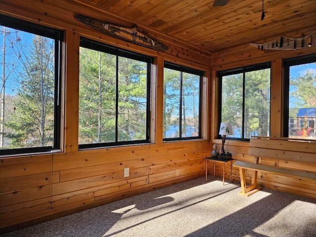 sunroom / solarium featuring wooden walls, carpet floors, and wooden ceiling
