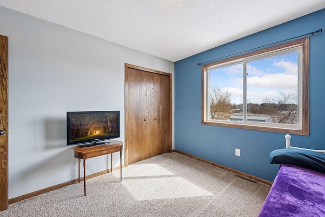 bedroom featuring carpet, a textured ceiling, baseboards, and a closet