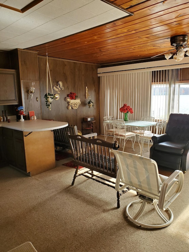 interior space featuring wooden walls, wooden ceiling, and ceiling fan