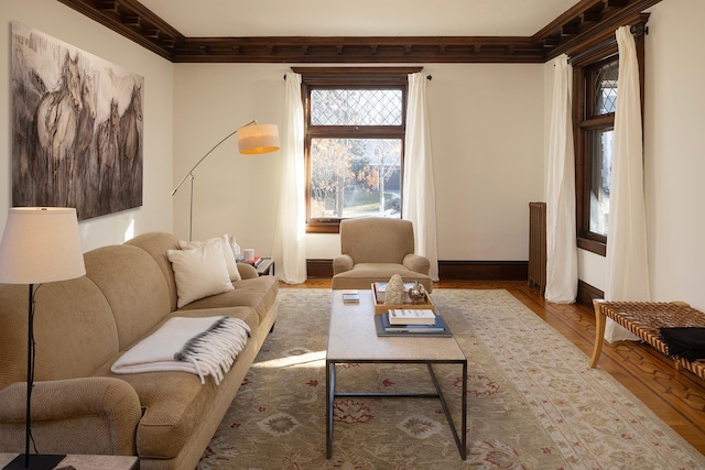 living room with crown molding and light hardwood / wood-style floors