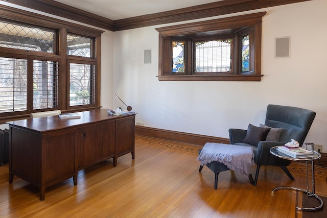 office area featuring light wood-type flooring and ornamental molding