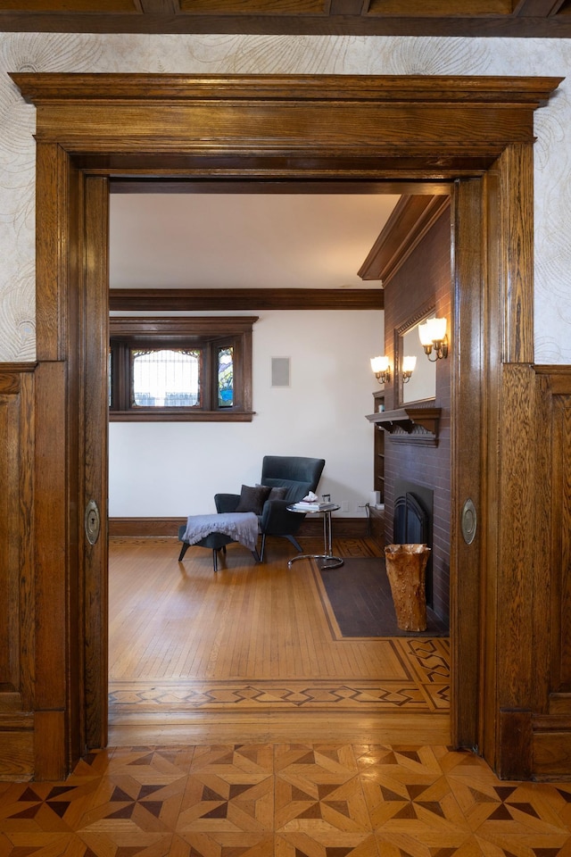 corridor with parquet flooring and ornamental molding