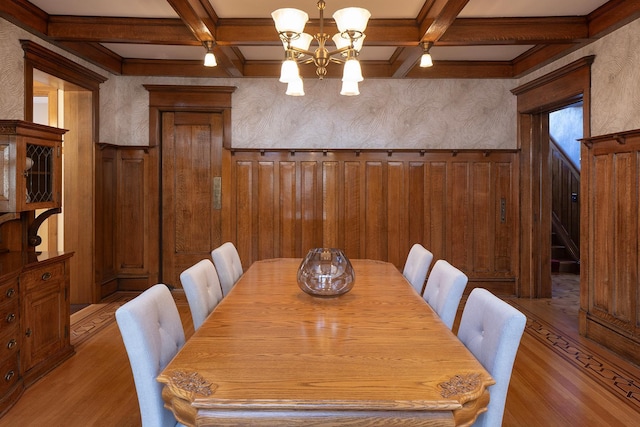 dining space featuring coffered ceiling, wooden walls, light hardwood / wood-style flooring, beam ceiling, and a chandelier