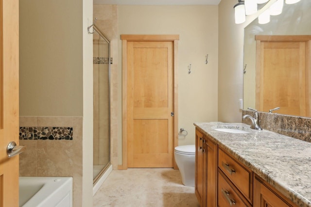 full bathroom with vanity, toilet, and plus walk in shower