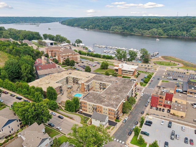 aerial view featuring a water view