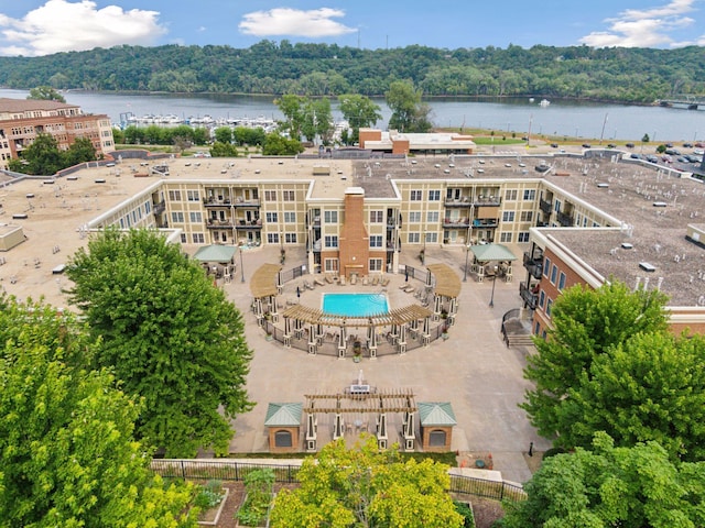 drone / aerial view featuring a water view