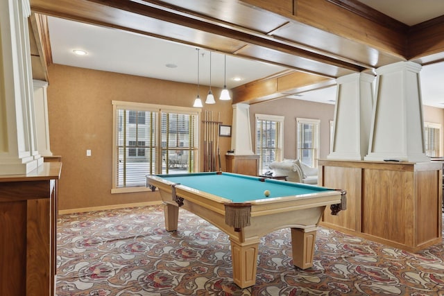 game room with decorative columns and pool table