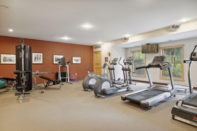 workout area with carpet floors