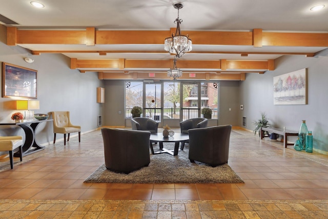 living room with beam ceiling and a notable chandelier