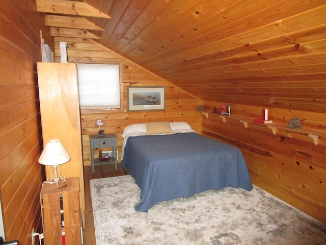 bedroom featuring wood ceiling, wooden walls, and vaulted ceiling