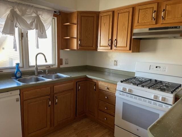 kitchen featuring sink, light hardwood / wood-style flooring, and white appliances