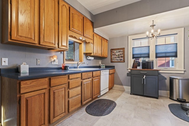 kitchen featuring white dishwasher, sink, decorative backsplash, and a notable chandelier