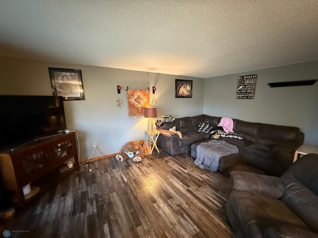 living room featuring a textured ceiling and hardwood / wood-style flooring