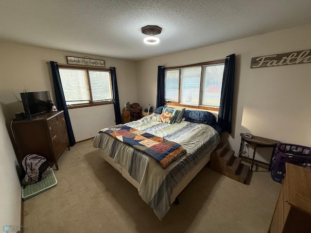 carpeted bedroom with a textured ceiling