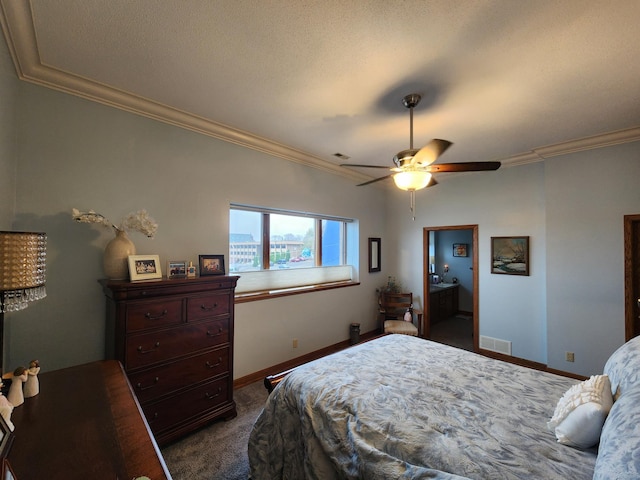 bedroom featuring ornamental molding, dark carpet, baseboards, and a ceiling fan