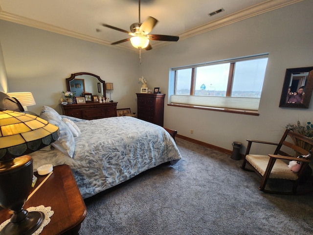 bedroom featuring crown molding, carpet flooring, baseboards, and ceiling fan