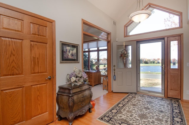 entryway featuring light hardwood / wood-style floors, a water view, and plenty of natural light