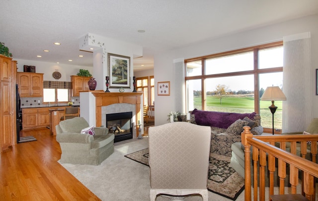 living room featuring light hardwood / wood-style floors, sink, and a tile fireplace