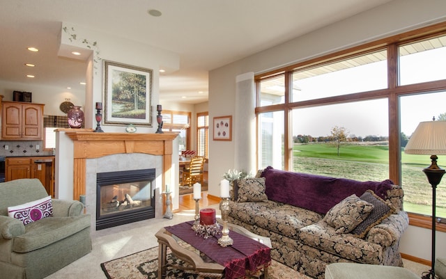 living room with plenty of natural light and a fireplace