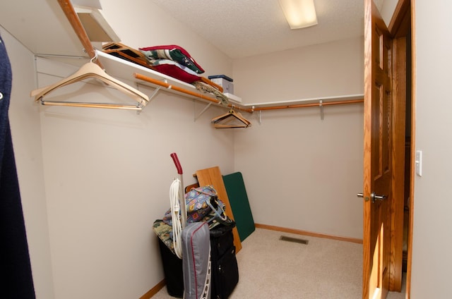 walk in closet with light carpet