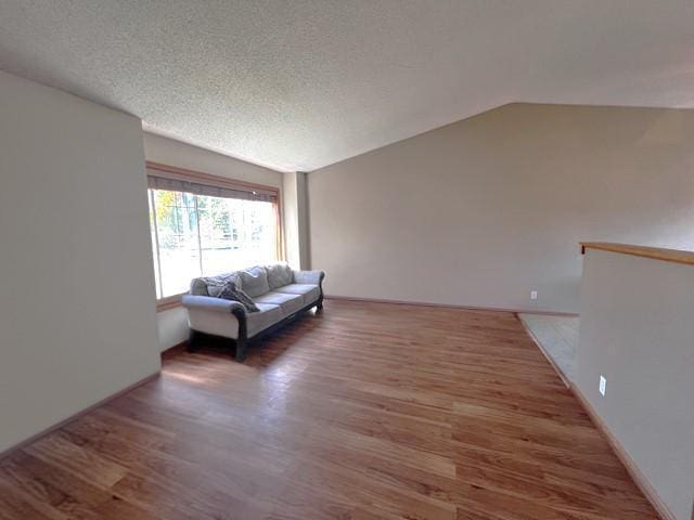 unfurnished living room featuring lofted ceiling, a textured ceiling, and wood finished floors