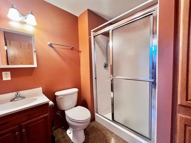 full bathroom with toilet, a stall shower, and vanity